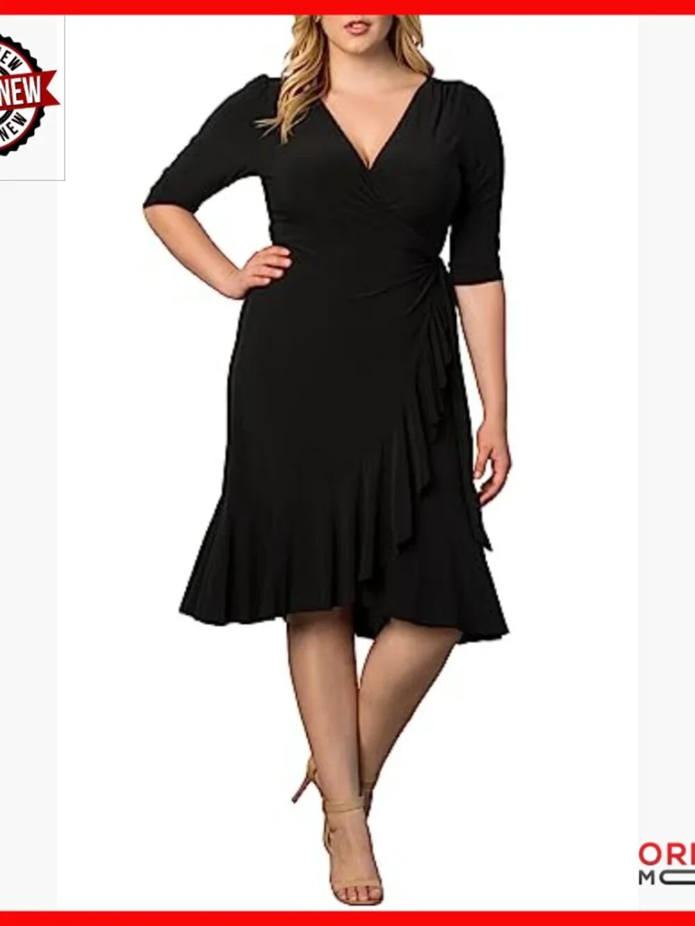 Plus Size Midi Wrap Dress with Ruffled Skirt and Sleeves for Cocktail Work